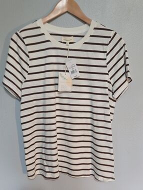 NWT-Womens Casual Stripe Short-Sleeve Tee - White with Brown Stripes, Size L